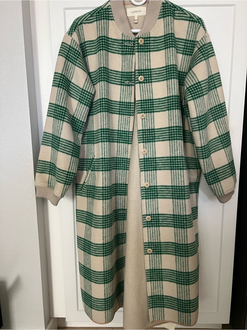 THE GREAT. Cream and Green Plaid Trench Coat